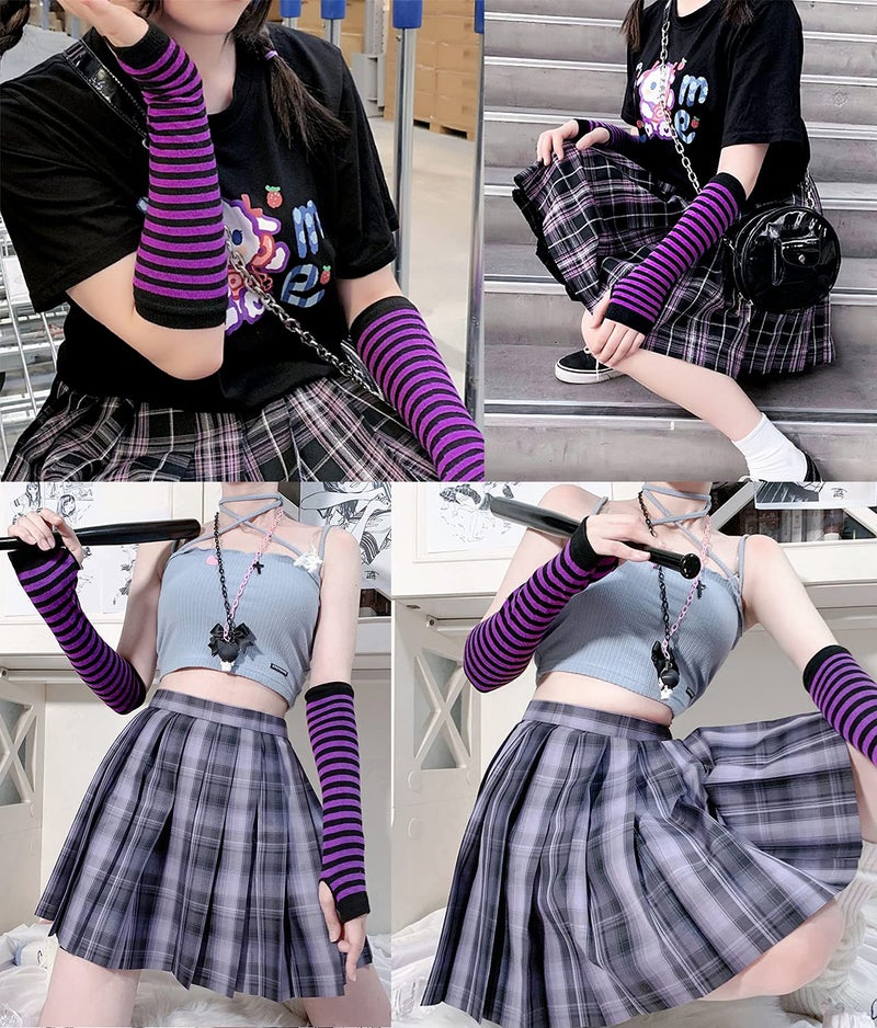 Bienvenu Punk Gothic Rock Long Arm Warmer Fingerless Gloves,Black Purple - Image 3